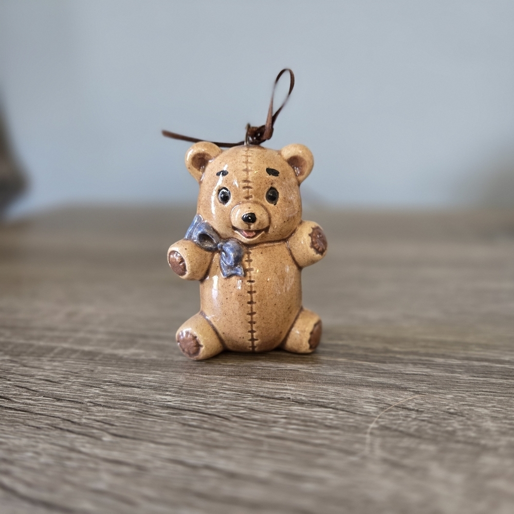 Miniature Teddy Bear with Blue Bow Ceramic Ornament Figurine